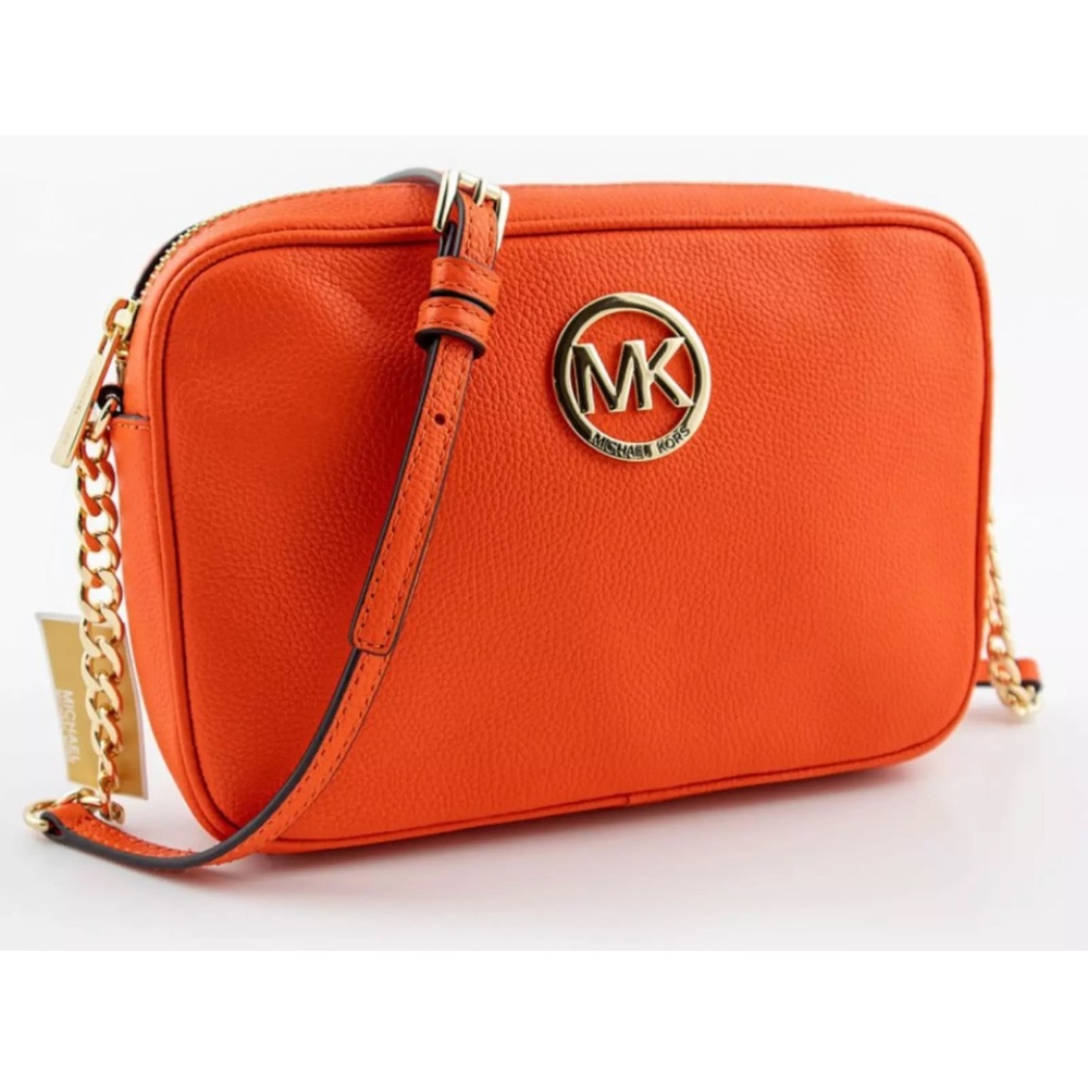 MICHAEL KORS Fulton Crossbody Bag Tangerine Leather Gold Logo